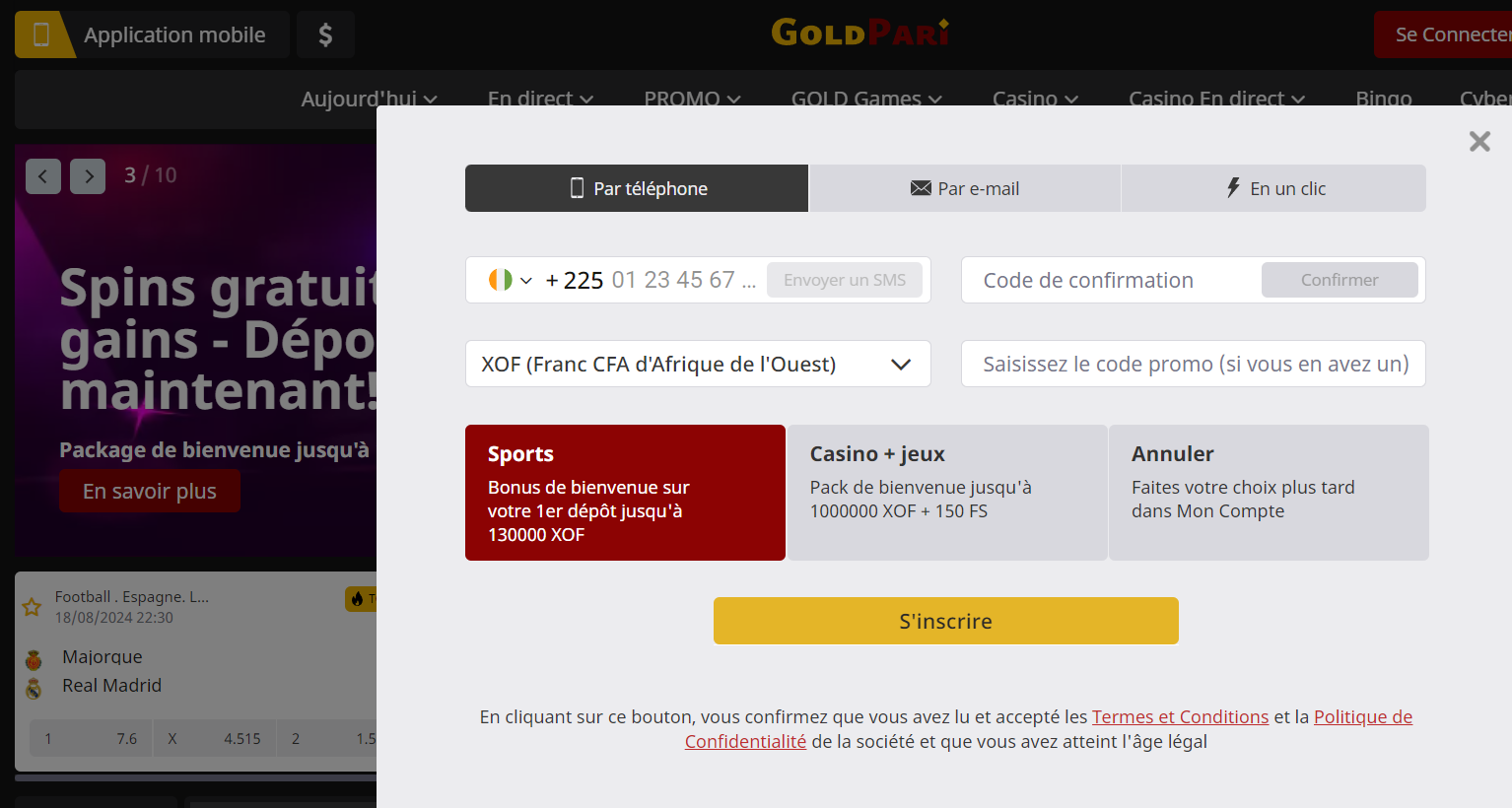 Inscription sur la plateforme GoldPari