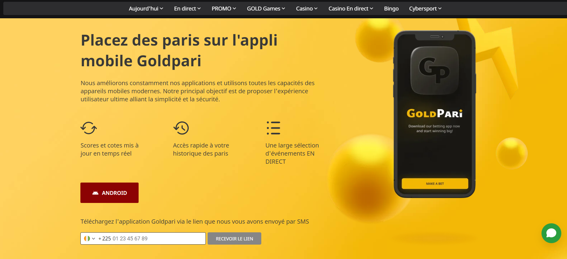 Gold Pari Télécharger le programme pour Android Caractéristiques pour télécharger l'application GoldPari